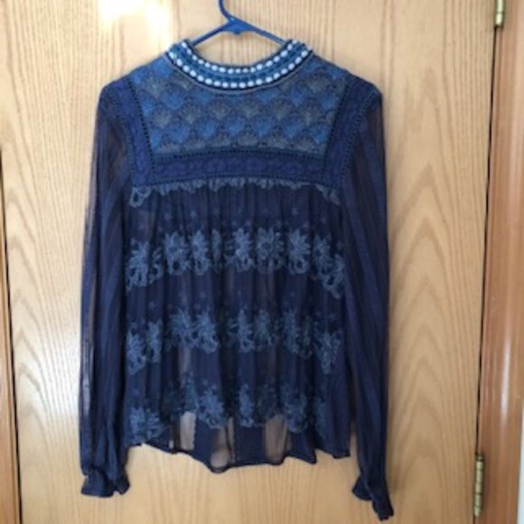 Anthropologie Blank London Boho Dark Blue Textured Collared Sheer Blouse Small - Picture 6 of 9